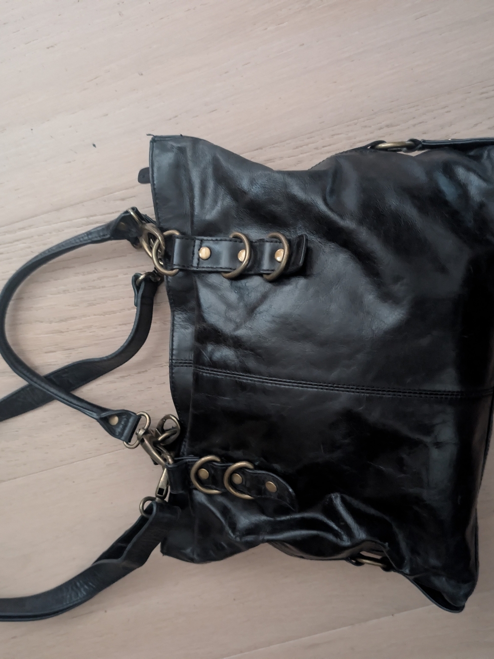 Black Leather Shoulder Or Handle Bag with Brass Accents